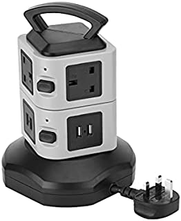 ABS Power Socket, with 4-Port 220-240V Surge Protector, with a British Plug. Convenient Vertical Socket Protection Tower Extension Socket for Charging Mobile Phones and Computers