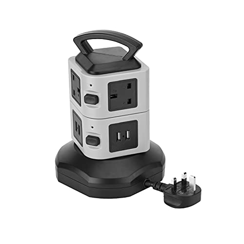 ABS Power Socket, with 4-Port 220-240V Surge Protector, with a British Plug. Convenient Vertical Socket Protection Tower Extension Socket for Charging Mobile Phones and Computers