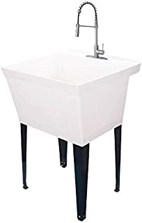 Utility Sink Extra-Deep Laundry Tub in White with High-Arc Stainless Steel Coil Pull-Down Sprayer Faucet, Integrated Supply Lines, P-Trap Kit, Heavy Duty Floor Mounted Freestanding Wash Station