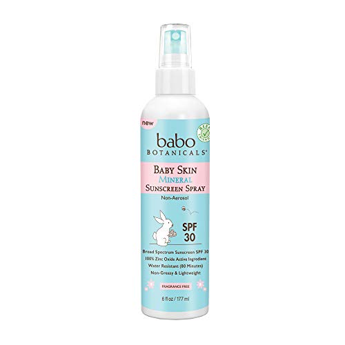 Babo Botanicals Baby Skin Mineral Sunscreen Spray SPF 30 with 100% Zinc Oxide Active, Water-Resistant, Unscented 6 Fl Oz