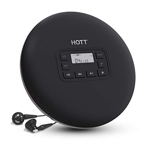 HOTT CD611 Portable CD Player, Personal Compact CD Player with LCD Display, Anti-Skip/Anti-Shock, Walkman Small Music CD Player with Headphones USB Cable for Car Home Travel (Black)