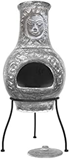 Sparkle Stone Outdoor Clay Chiminea Fire Pit Overall Size 33 inch Tall - Sun Face Patio Fire Handcrafted Chimenea, Wood-Burning Backyard Fireplace Stove with Cover Lid, Rustic Ceramic Chimney