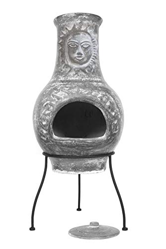 Sparkle Stone Outdoor Clay Chiminea Fire Pit Overall Size 33 inch Tall - Sun Face Patio Fire Handcrafted Chimenea, Wood-Burning Backyard Fireplace Stove with Cover Lid, Rustic Ceramic Chimney