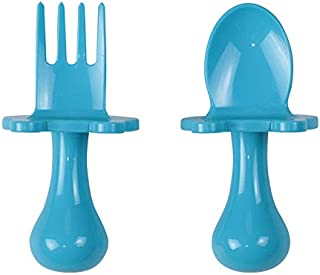 eZtotZ | Made in USA Self Feeding Baby Utensils | Mini Baby Spoon and Fork Training Set for Baby Led Weaning (BLW) | Anti-Choke Toddler Silverware Cutlery | 6-12 Month+ | BPA Free (Blue)