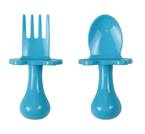 eZtotZ | Made in USA Self Feeding Baby Utensils | Mini Baby Spoon and Fork Training Set for Baby Led Weaning (BLW) | Anti-Choke Toddler Silverware Cutlery | 6-12 Month+ | BPA Free (Blue)