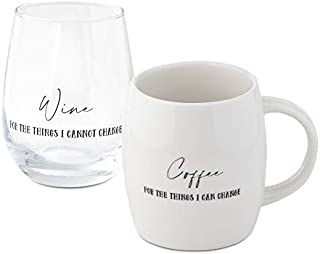 Coffee Mug Wine Gift Set, White Cup and Stemless Wine Glass Set for Coworkers Best Friend Teacher Doctor Nurse Dentist Women Men Graduation Wedding Birthday Present Secret Santa Holiday (Change)