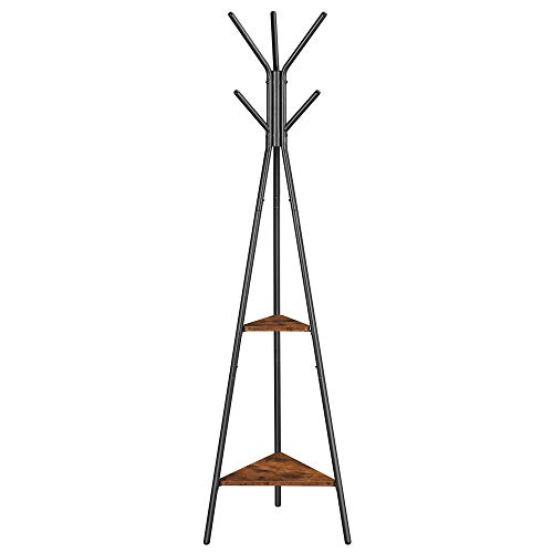 VASAGLE Coat Rack Stand, Coat Tree, Hall Tree Free Standing, Industrial Style, with 2 Shelves, for Clothes, Hat, Bag, Rustic Brown and Black URCR16BX