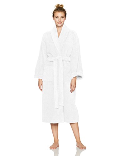 Amazon Brand  Pinzon Terry Bathrobe 100% Cotton, White, Small / Medium