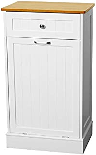 U-Eway Wooden Tilt Out Trash Cabinet Free Standing Kitchen Trash Can Holder or Recycling Cabinet with Hideaway Drawer Removable Bamboo Cutting Board,Pet Food Locker(White)