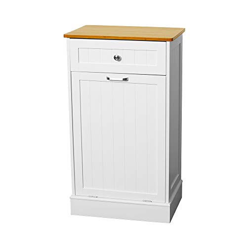 U-Eway Wooden Tilt Out Trash Cabinet Free Standing Kitchen Trash Can Holder or Recycling Cabinet with Hideaway Drawer Removable Bamboo Cutting Board,Pet Food Locker(White)