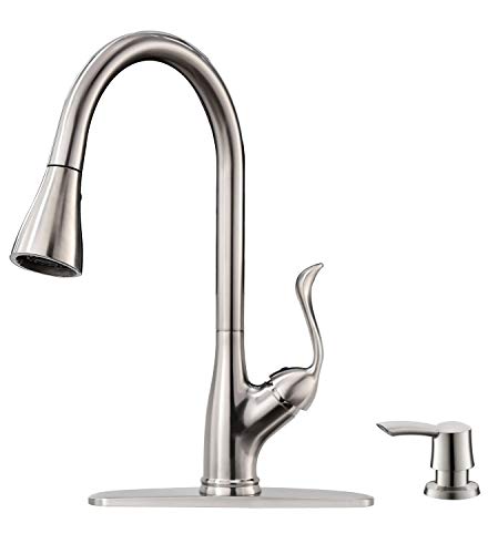 Patented Kitchen Faucet with Pull Down Sprayer and Soap Dispenser - Single Handle Stainless Steel Brushed Nickel High Arc Pull Out Kitchen Sink Faucets with Deck Plate, APPASO