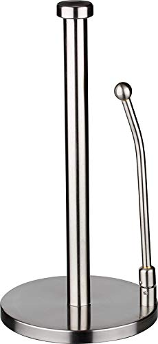 paper towel holder stainless steel - easy to tear paper towel dispenser - weighted base - adjustable spring arm to hold any type of paper towels - fits in kitchen or for bathroom paper towel holder