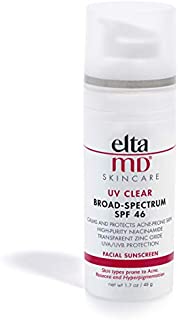 EltaMD UV Clear Facial Sunscreen Broad-Spectrum SPF 46 for Sensitive or Acne-Prone Skin, Oil-Free, Dermatologist-Recommended Mineral-Based Zinc Oxide Formula, 1.7 oz