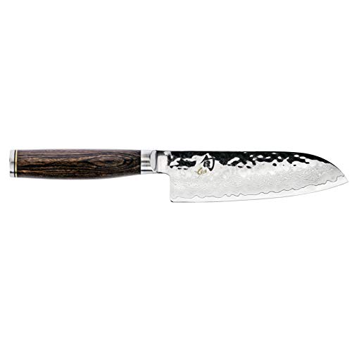 Shun Premier 5.5-inch Santoku; Top Performance in Smaller Kitchen Knife; Proprietary Steel, High-Performance Blade; Hammered Tsuchime Blade Finish; Walnut PakkaWood Handle; Handcrafted in Japan