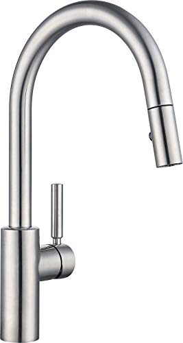 JUSTOPIN Luca Kitchen Faucet with Pull Down Sprayer, Modern Single Handle Pull Out Kitchen Sink Faucet, 1 or 3 Hole Mounted with Deckplate, ColdStart, Brushed Stainless Steel ZPNAKF1BN