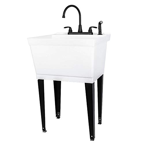 Utility Sink Laundry Tub with Pull Out Duel Setting Faucet by JS Jackson Supplies, Heavy Duty Slop Sinks for Basement, Laundry Room, Garage or Shop, Large Free Standing Wash Station (Black Faucet)