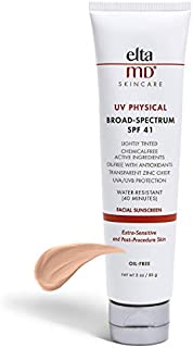 EltaMD UV Physical Tinted Face Sunscreen, Chemical-Free Mineral Sunscreen for Sensitive and Post-Procedure Skin, Non-Greasy, Broad-Spectrum SPF 41, 3.0 oz