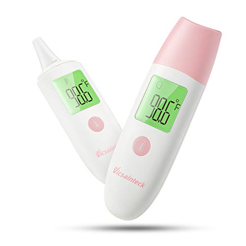 Ear and Forehead Digital Thermometer for Baby, Kids and Adult, VICSAINTECK Medical Infrared Tympanic Thermometer for Fever, Basal Body Temperature, 4IN1 Instant Thermometer for Body, Liquids (Pink)