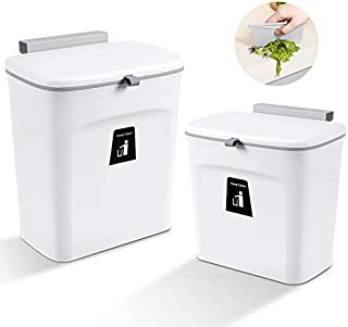 Aogist Hanging Trash Can with Sliding Cover 2 Packs, 1.8+2.4 Gal Wall Mounted Trash Bin Waste Bin with Lid for Kitchen Cabinet Door, Bathroom, Toilet, Bedroom, Living Room (White)