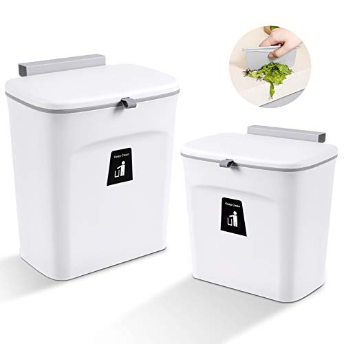 Aogist Hanging Trash Can with Sliding Cover 2 Packs, 1.8+2.4 Gal Wall Mounted Trash Bin Waste Bin with Lid for Kitchen Cabinet Door, Bathroom, Toilet, Bedroom, Living Room (White)