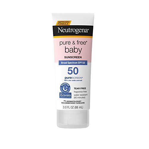 Neutrogena Pure & Free Baby Mineral Sunscreen Lotion with Broad Spectrum SPF 50 & Zinc Oxide, Water-Resistant, Hypoallergenic & Tear-Free Baby Sunscreen, 3 fl. oz