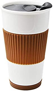 UDMG Ceramic Double Wall Insulated Travel Coffee Cup with Slider Lid, Silicone Sleeve & Built-In Coaster, 10 fl.oz (Coffee)