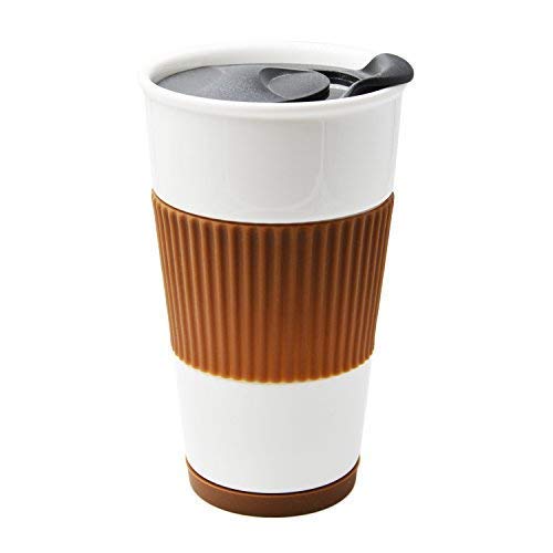 UDMG Ceramic Double Wall Insulated Travel Coffee Cup with Slider Lid, Silicone Sleeve & Built-In Coaster, 10 fl.oz (Coffee)