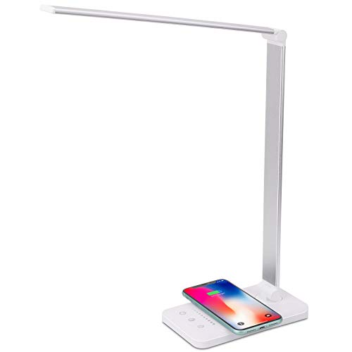 LED Desk Lamp with Wireless Charger, USB Charging Port, 5 Brightness Levels, 5 Lighting Modes, Touch Control, 30/60 min Auto Timer, Eye-Caring Office Lamp with Adapter (White)