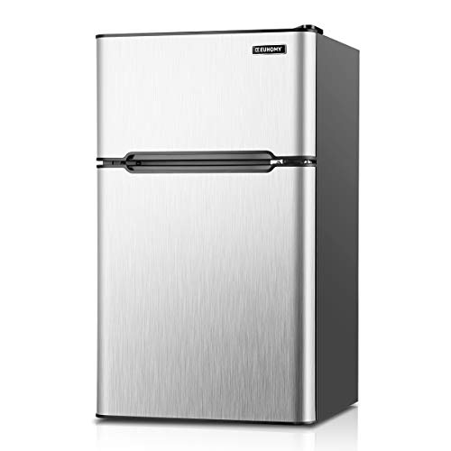 Euhomy Mini Fridge with Freezer, 3.2 Cu.Ft Mini refrigerator with freezer, Dorm fridge with freezer 2 door For Bedroom/Dorm/Apartment/Office - Food Storage or Cooling Drinks(Silver).