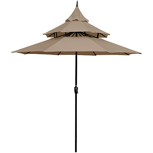 ABBLE Outdoor Patio Umbrella 9 Ft Pagoda with Crank, Weather Resistant, UV Protection, Water Repellent, Durable, 8 Sturdy Steel Ribs, 3 Tier Vented Market Outdoor Table Umbrella,Tan