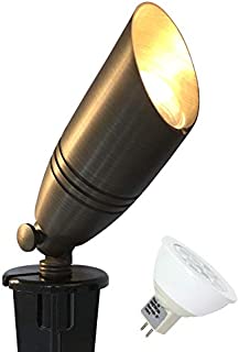 GKOLED UL Listed Solid Brass Landscape Spotlight, Low Voltage Outdoor Directional Uplight, with 5W MR16 LED Bulb & Large Rugged Slot Spike, 12V AC/DC Garden Patio Spot Up Light