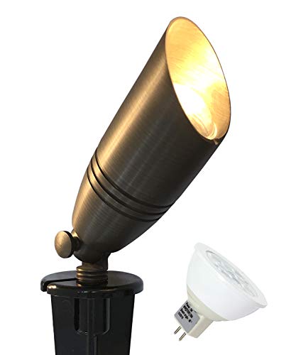 GKOLED UL Listed Solid Brass Landscape Spotlight, Low Voltage Outdoor Directional Uplight, with 5W MR16 LED Bulb & Large Rugged Slot Spike, 12V AC/DC Garden Patio Spot Up Light