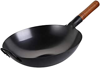 Yarlung 14 Inch Carbon Steel Wok Pan with Double Handles, Pre-Seasoned Round Bottom Pow Wok Hammered Stir Fry Pan Chinese Wok for Stove, Gas, Braising, Deep-frying, Black