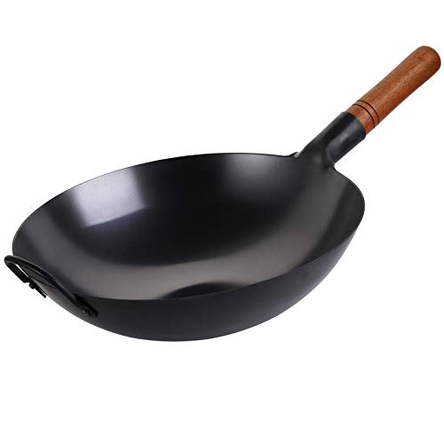 Yarlung 14 Inch Carbon Steel Wok Pan with Double Handles, Pre-Seasoned Round Bottom Pow Wok Hammered Stir Fry Pan Chinese Wok for Stove, Gas, Braising, Deep-frying, Black