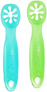 ChooMee Baby Spoons, FlexiDip | Baby Led Weaning | Pediatrician Approved Stage One Learning Utensils, Chew Friendly 100% Silicone, BPA Free | 2 CT | Aqua Green