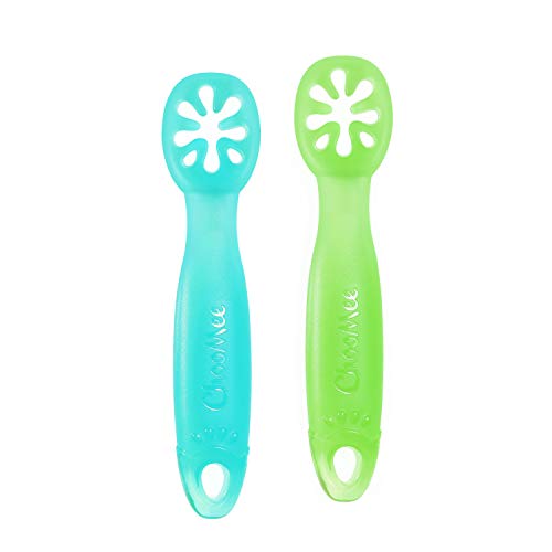 ChooMee Baby Spoons, FlexiDip | Baby Led Weaning | Pediatrician Approved Stage One Learning Utensils, Chew Friendly 100% Silicone, BPA Free | 2 CT | Aqua Green