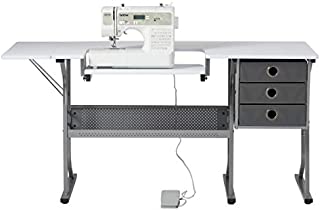Craft & Hobby Essentials Machine Platform Table with Drawers, Shelf and Drop Leaf Top, Craft, 60.25 W Sewing Desk with Supply Storage, Grey/White