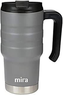 MIRA 20 oz Stainless Steel Travel Car Mug with Handle & Spill Proof Twist On Flip Lid - Vacuum Insulated Thermos Tumbler Keeps Coffee, Tea, Drinks Piping Hot or Ice Cold - Gray