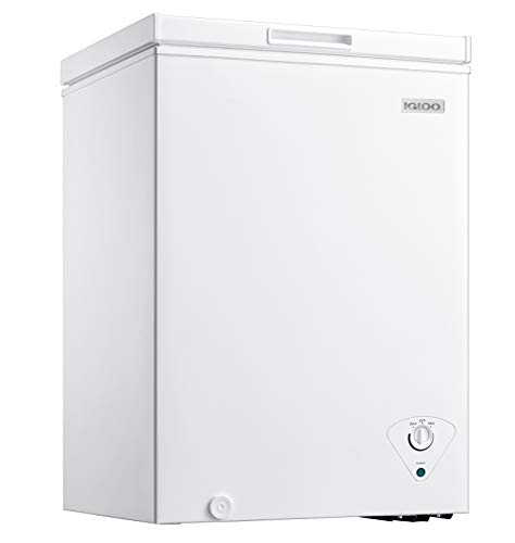 Igloo ICFMD35WH 3.5 Cu. Ft. Chest Freezer With Removable Basket Free-Standing Door, Temperature Ranges From-10° to 10° F, Front Defrost Water Drain, Perfect for Homes, Garages, Basements, RVs, White