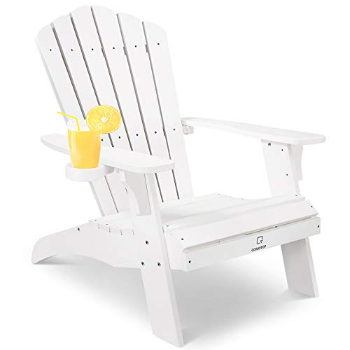 OT QOMOTOP Oversized Poly Lumber Adirondack Chair with Cup Holder, Fade-Resistant Lounge Chair with 350lbs Duty Rating, All-Weather Chair for Fire Pit & Garden, 38L 30.25W 41.5H (White)