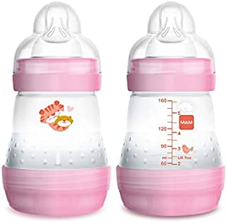 MAM Easy Start Anti-Colic Bottle 5 oz (2-Count), Baby Essentials, Slow Flow Bottles with Silicone Nipple, Baby Bottles for Baby Girl, Pink