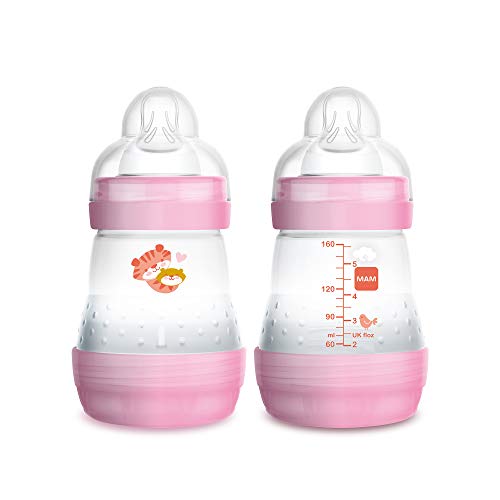 MAM Easy Start Anti-Colic Bottle 5 oz (2-Count), Baby Essentials, Slow Flow Bottles with Silicone Nipple, Baby Bottles for Baby Girl, Pink