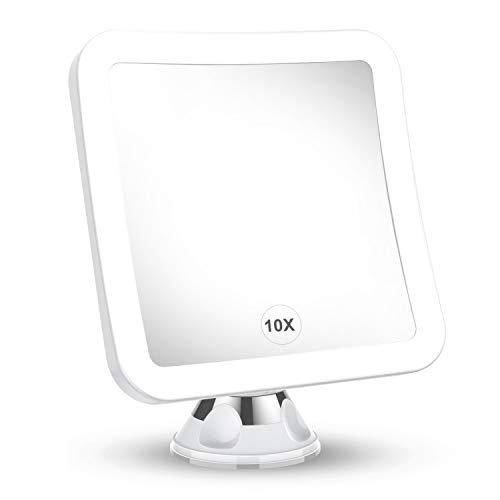 2021 Upgraded 10x Magnifying Lighted Makeup Mirror with Natural White LED Lights, 360°Swivel Portable Cordless Makeup Mirrors with Locking Suction Base for Home Bathroom Shower and Travel