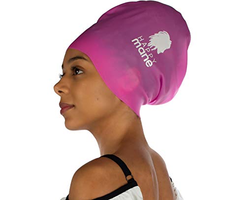 Happy Mane Silicone Swim Cap for Braids and Dreadlocks - Keeps Your Hair Dry While Swimming and Bathing with Long Hair, Extensions, Curly Hair - Extra Large Shower Cap for Women Men Kids (Pink, L)