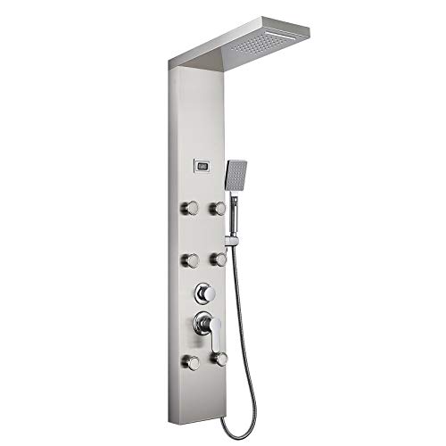 ROVOGO 6 Body Jets Shower Panel System with Rainfall Waterfall Shower Head and Handheld, Shower Tower Column with Temperature Display in Brushed Stainless Steel