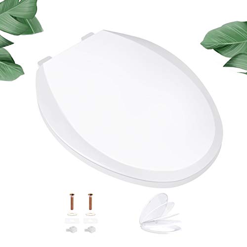 Elongated Toilet Seat, TACKLIFE DBTS03S Quiet Close Toilet Seat with Two Sets of Washers for Easy Installation, White Toilet Seat Elongated with Non-slip Seat Bumpers, PP Material Toilet Seat