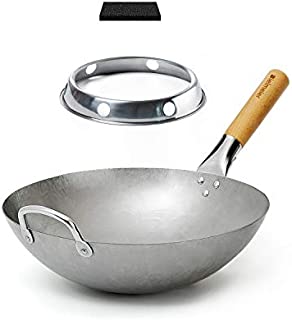 Bielmeier Traditional Hand Hammered Carbon Steel Pow Wok with Wok Ring and Sponge(14 Inch, Round Bottom)