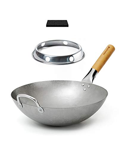 Bielmeier Traditional Hand Hammered Carbon Steel Pow Wok with Wok Ring and Sponge(14 Inch, Round Bottom)