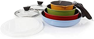 Neoflam Midas 9pc Nonstick Ceramic Cookware Set, PFOA Free Kitchenware with Saucepan, Frying Pan, Stove|Oven Pot, Tempered Glass Lids and Smart Detachable Handle, Oven Safe, Space-Saving, Multicolor