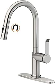 APPASO Modern Kitchen Faucet with Pull Down Magnetic Docking Multi-Flow Sprayer Brushed Nickel, Single-Handle High Arc Swan-Neck Kitchen Sink Faucet with Optional Deck Plate, Stainless Steel, APS204BN